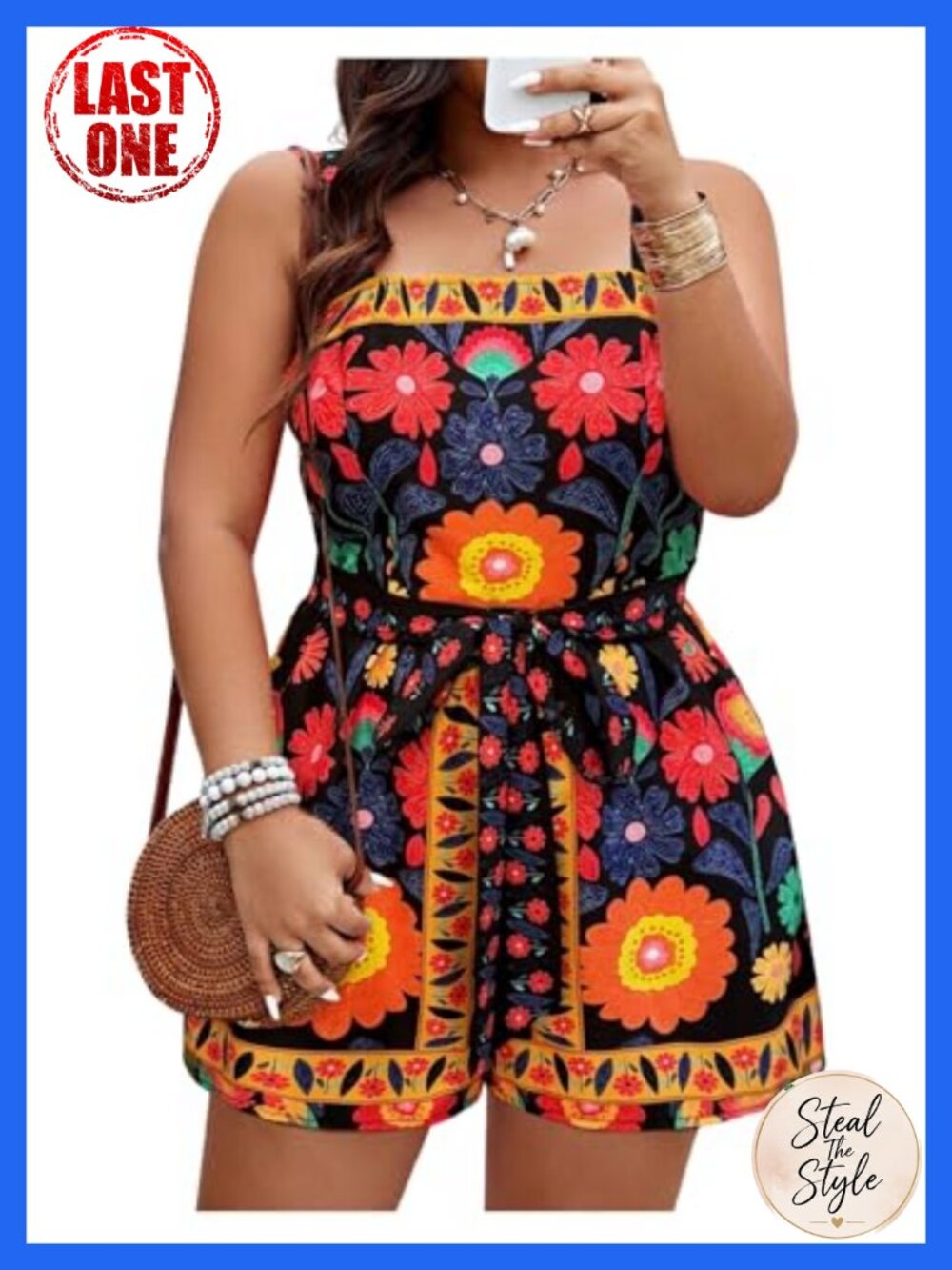 Plus Size Sleeveless Floral Romper with Belt Square Neck Summer Boho Jumpsuit